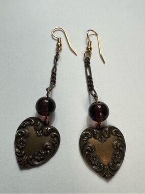 Vintage Style Heart Drop Earrings – Floral Embossed Brass Tone w/ Burgundy Beads